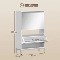 HOMCOM Meuble à Chaussures 12 Paires, Armoire à Chaussures, 2 Tiroirs Rabattables, Portes Miroirs, Blanc(m-3)