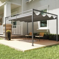 Outsunny Gazebo Pergolă 4x3 m cu Acoperiș Retractabil, Orificii de Drenaj, Picheți și Șuruburi, Pergolă de Grădină din Poliester și Metal, pentru Terasă, Verandă, Exterior, Gri Închis(m-7)