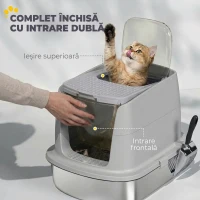 PawHut Litieră Închisă pentru Pisici din Oțel Inoxidabil, cu Capac Rabatabil, Acces Dublu și Paletă, Gri Deschis(m-5)