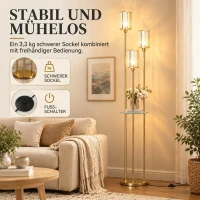 HOMCOM Lampa stojąca z półkami z 3 szklanymi kloszami Lampa stojąca ze szklanym stolikiem 177 cm złota(m-6)
