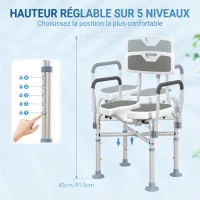 HOMCOM Tabouret de douche, tabouret de bain avec siège rembourrée en U amélioré et accoudoirs, hauteur réglable, gris(m-5)