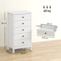 HOMCOM Ladekast met 5 lades, met zwarte grepen, voor slaapkamer en woonkamer, 50 x 35 x 90 cm, wit(m-3)
