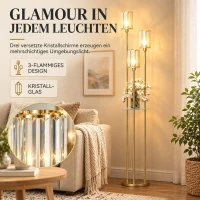 HOMCOM Vloerlamp met plank, 3 glazen kappen en glazen tafel, 177 cm, goud(m-4)