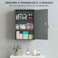 kleankin Armoire à Pharmacie 2 Étagères 3 Niveaux Verrouillable, Dim. 40L x 18l x 60H cm, 2 Clés, Métal, Gris Fumé(m-5)