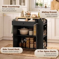 HOMCOM Rolling Kitchen Island with 3-Tier Spice Rack, Kitchen Storage Cart with Drawer and Towel Rack, Black(m-4)
