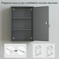 kleankin Armoire à Pharmacie 2 Étagères 3 Niveaux Verrouillable, Dim. 40L x 18l x 60H cm, 2 Clés, Métal, Gris Fumé(m-6)