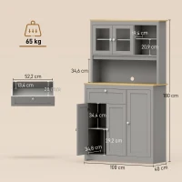 HOMCOM Voorraadkast met open werkblad en kabeldoorvoer, keukenbuffet met glazen deuren, grijs, 180 cm(m-3)