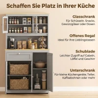 HOMCOM Vorratsschrank mit offener Arbeitsfläche und Kabeldurchlass, Küchenbuffet mit Glastüren Grau, 180cm(m-4)