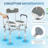 HOMCOM Tabouret de douche, tabouret de bain avec siège rembourrée en U amélioré et accoudoirs, hauteur réglable, gris(m-7)