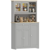 HOMCOM Voorraadkast met open werkblad en kabeldoorvoer, keukenbuffet met glazen deuren, grijs, 180 cm(m-15)
