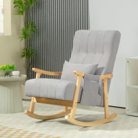 HOMCOM Sedia a Dondolo in Tessuto Effetto Lino Imbottita, Seduta Profonda, Gambe in Legno di Caucciù, Grigio(m-10)