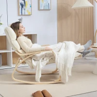 HOMCOM Sedia a Dondolo in Tessuto Effetto Lino Imbottita, Poggiapiedi Regolabile, per Camera da Letto e Soggiorno, Crema(m-8)
