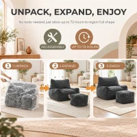 HOMCOM Pouf Salon Adulte avec Repose-Pieds, Fauteuil de Sol 1 Place Compressé en Chenille, avec Dossier, Accoudoirs, Gris(m-8)
