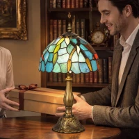 HOMCOM Tiffany Stained Glass Table Lamp, Handmade Antique Bedside Lamp for Bedroom, Living Room, Nightstand, Green(m-7)