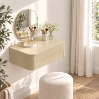 HOMCOM Coiffeuse Murale Moderne avec Miroir Rond et Tiroir Dissimulé, pour Chambre, Petit Espace, 60 x 38 x 18 cm, Chêne(m-9)
