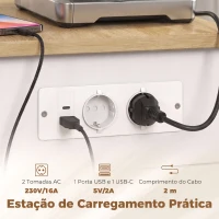 HOMCOM Ilha de Cozinha com Rodas, Tampo Extensível, Estação de Carregamento, Compartimento para Balde, Prateleiras nas Portas, Branco(m-5)