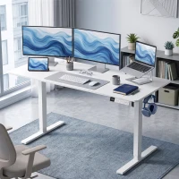 HOMCOM Secretária Elevatória Elétrica 140x70 cm, Altura Regulável 72-120 cm, 3 Memórias, Silenciosa, 2 Ganchos, 2 Passa-Cabos, Branca(m-10)