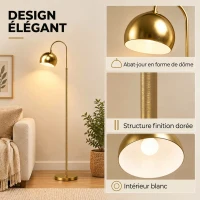 HOMCOM Lampadaire sur Pied Salon, Lampe sur Pied Moderne 40W, Douille E27, Hauteur Réglable, Abat‑jour Orientable, Doré(m-6)