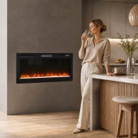 HOMCOM Șemineu Electric 127 cm, Încastrat/Perete/Podea, Ultrasubțire 8,3 cm, cu Telecomandă, 900/1800W, Timer, Negru(m-10)