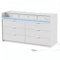 HOMCOM Cómoda com Luzes LED Estação de Carregamento e 9 Gavetas 148,7x45x82 cm Branco(m-1)