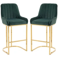 HOMCOM Bar Stools Set of 2 with Backrest, Footrest, Gold Electroplated Legs for Kitchen Island, Dining Room, Dark Green(m-1)