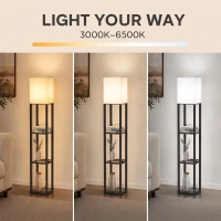 HOMCOM Floor Lamp with Shelves, Modern Dimmable Standing Lamp with Fabric Lampshade, Adjustable Colour Temperature, Black(m-5)