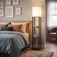 HOMCOM Floor Lamp with Shelves, Modern Dimmable Standing Lamp with Fabric Lampshade, Adjustable Colour Temperature, Black(m-8)