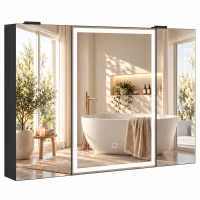 HOMCOM Armario de Baño con Espejo de LED Toma de Corriente 3 Puertas Antivaho Estantes Ajustables de Vidrio Templado Negro(m-11)