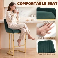 HOMCOM Bar Stools Set of 2 with Backrest, Footrest, Gold Electroplated Legs for Kitchen Island, Dining Room, Dark Green(m-5)