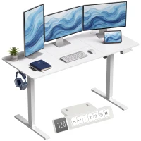 HOMCOM Secretária Elevatória Elétrica 140x70 cm, Altura Regulável 72-120 cm, 3 Memórias, Silenciosa, 2 Ganchos, 2 Passa-Cabos, Branca(m-11)