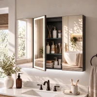 HOMCOM Armário de Casa de Banho com Espelho LED Tomada 3 Portas Antiembaciamento e Prateleiras Ajustáveis Preto(m-2)