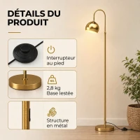 HOMCOM Lampadaire sur Pied Salon, Lampe sur Pied Moderne 40W, Douille E27, Hauteur Réglable, Abat‑jour Orientable, Doré(m-7)