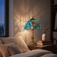 HOMCOM Tiffany Stained Glass Table Lamp, Handmade Antique Bedside Lamp for Bedroom, Living Room, Nightstand, Green(m-6)