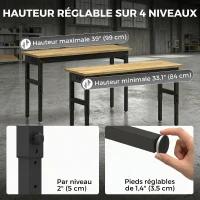 HOMCOM Établi d'Atelier Réglable, 121,9x50,8x79-99cm, Charge 900 kg, 2 Prises et 2 Ports USB, Panneau Perforé, Noir(m-6)