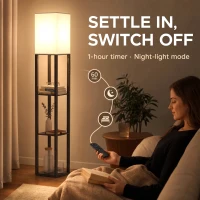 HOMCOM Floor Lamp with Shelves, Modern Dimmable Standing Lamp with Fabric Lampshade, Adjustable Colour Temperature, Black(m-7)