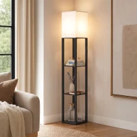 HOMCOM Floor Lamp with Shelves, Modern Dimmable Standing Lamp with Fabric Lampshade, Adjustable Colour Temperature, Black(m-14)