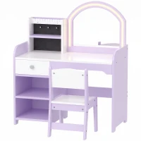 AIYAPLAY Kids Vanity Set, Kids Dressing Table with Stool, 2-Colour Lights Mirror, Pretend Dresser Gift for Ages 3-8, Purple(m-15)