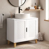 HOMCOM Móvel para Lavatório com 2 Portas Ripadas, Prateleira Ajustável e Pés de Bambu 60x30x60 cm Branco(m-9)