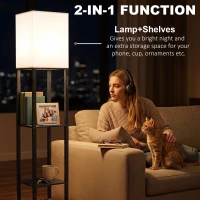 HOMCOM Floor Lamp with Shelves, Modern Dimmable Standing Lamp with Fabric Lampshade, Adjustable Colour Temperature, Black(m-4)