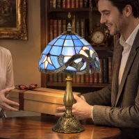 HOMCOM Tiffany Stained Glass Table Lamp, Handmade Antique Bedside Lamp for Bedroom, Living Room, Nightstand, Purple(m-7)