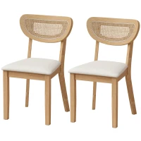 HOMCOM Lot de 2 Chaises de Salle à Manger, Chaises de Cuisine Rembourrées en Lin, Dossier à Effet Rotin et Pieds d'Hévéa, Beige(m-18)