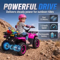 AIYAPLAY 12V Kids Electric Quad Bike, Ride on ATV with Dual Motors, Soft Start, Storage, Music, Lights for 3-8 Years, Pink(m-4)