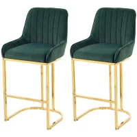 HOMCOM Bar Stools Set of 2 with Backrest, Footrest, Gold Electroplated Legs for Kitchen Island, Dining Room, Dark Green(m-14)