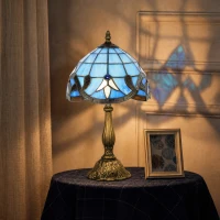 HOMCOM Tiffany Stained Glass Table Lamp, Handmade Antique Bedside Lamp for Bedroom, Living Room, Nightstand, Purple(m-12)