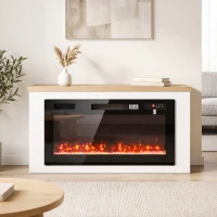 HOMCOM Chimenea Eléctrica de Pie 900/1800W Mueble para TV 55" 12 Colores de Llama 3D 5 Brillos Control Remoto para 35㎡ Blanco(m-2)