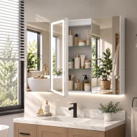 HOMCOM Armário de Casa de Banho com Espelho LED, Tomada Integrada, 3 Portas, Antiembaciamento e Prateleiras Ajustáveis em Vidro Temperado, Branco(m-10)
