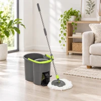 HOMCOM Balai Serpillière et Seau avec Essoreur, Balai Rond à 2 Compartiments, Réservoir 20 L, Tête Rotative à 360°, Gris Foncé(m-2)