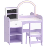 AIYAPLAY Kids Vanity Set, Kids Dressing Table with Stool, 2-Colour Lights Mirror, Pretend Dresser Gift for Ages 3-8, Purple(m-1)