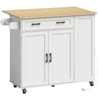 HOMCOM Isla de Cocina con Ruedas, Encimera Extensible Estación de Carga Compartimento para Cubo Estantes en las Puertas Blanco