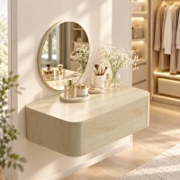 HOMCOM Coiffeuse Murale Moderne avec Miroir Rond et Tiroir Dissimulé, pour Chambre, Petit Espace, 60 x 38 x 18 cm, Chêne(m-8)